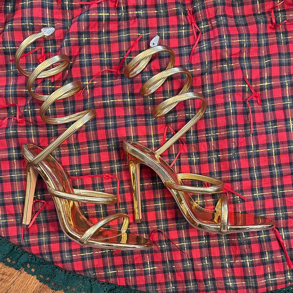 Gold Strappy High Heel Sandals wrap around